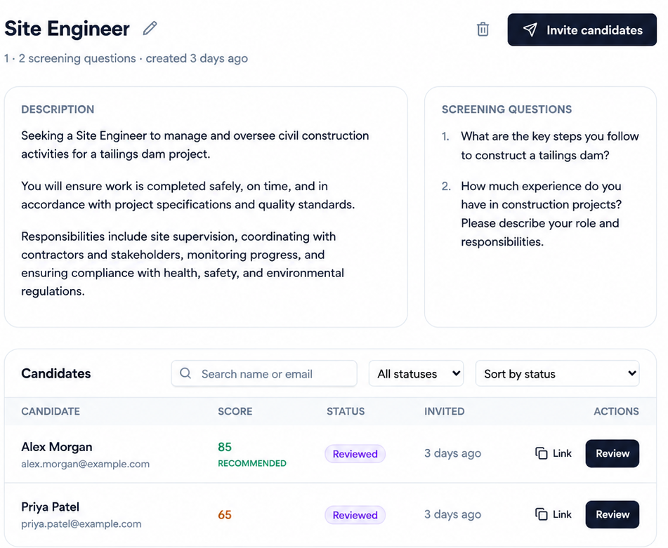 AI-generated candidate summary in Veynros